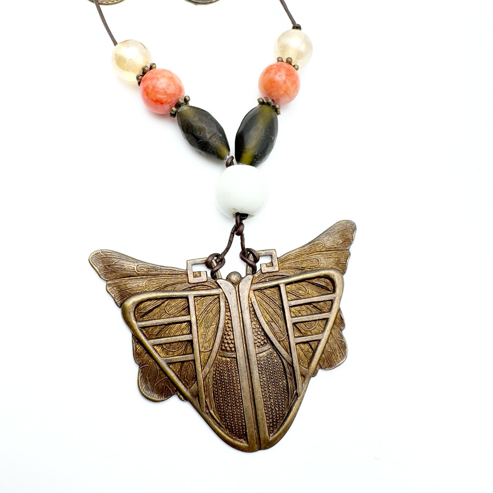 Beaded Statement Necklace Handmade Glass Brass 26"